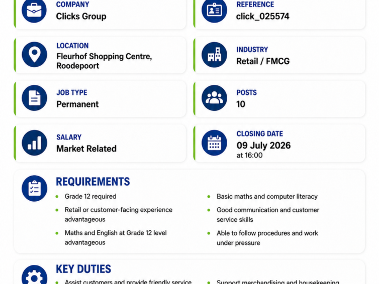 Shop Assistant Cashier X10 at Clicks Fleurhof Shopping Centre | Apply Now