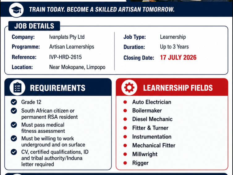 Ivanplats Artisan Learnerships 2026 | Apply Before 17 July 2026