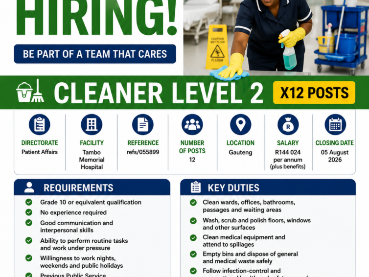 Department of Health Cleaner Jobs 2026: 12 Posts at Tambo Memorial Hospital
