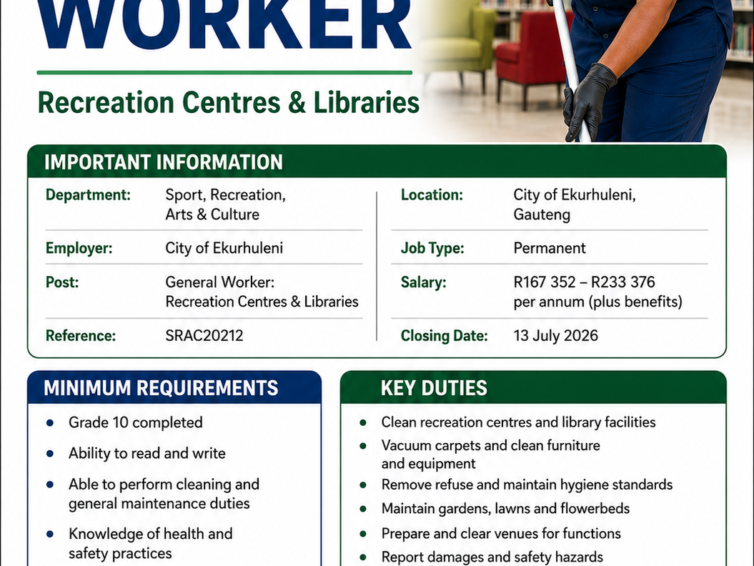 City of Ekurhuleni General Worker Vacancies 2026 | Recreation Centres & Libraries