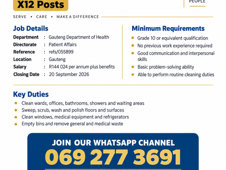 Department of Health Cleaner Jobs 2026: 12 Posts at Tambo Memorial Hospital