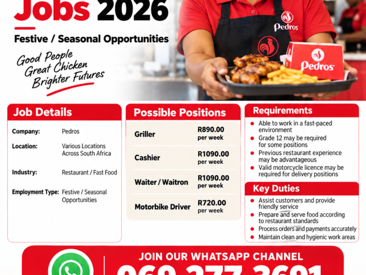 Pedros December Jobs 2026: Grillers, Cashiers, Waiters & Motorbike Drivers