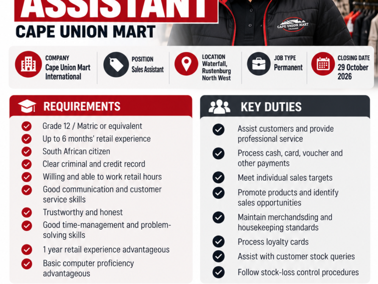 Cape Union Mart Sales Assistant Job 2026