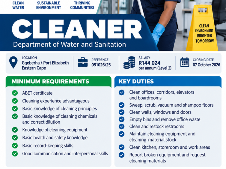 Department of Water and Sanitation Cleaner Job 2026