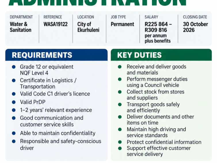 Ekurhuleni Water & Sanitation Driver Messenger Job 2026
