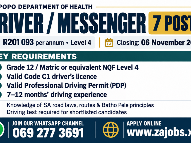 Limpopo Department of Health Driver Messenger Jobs 2026 – X7 Posts